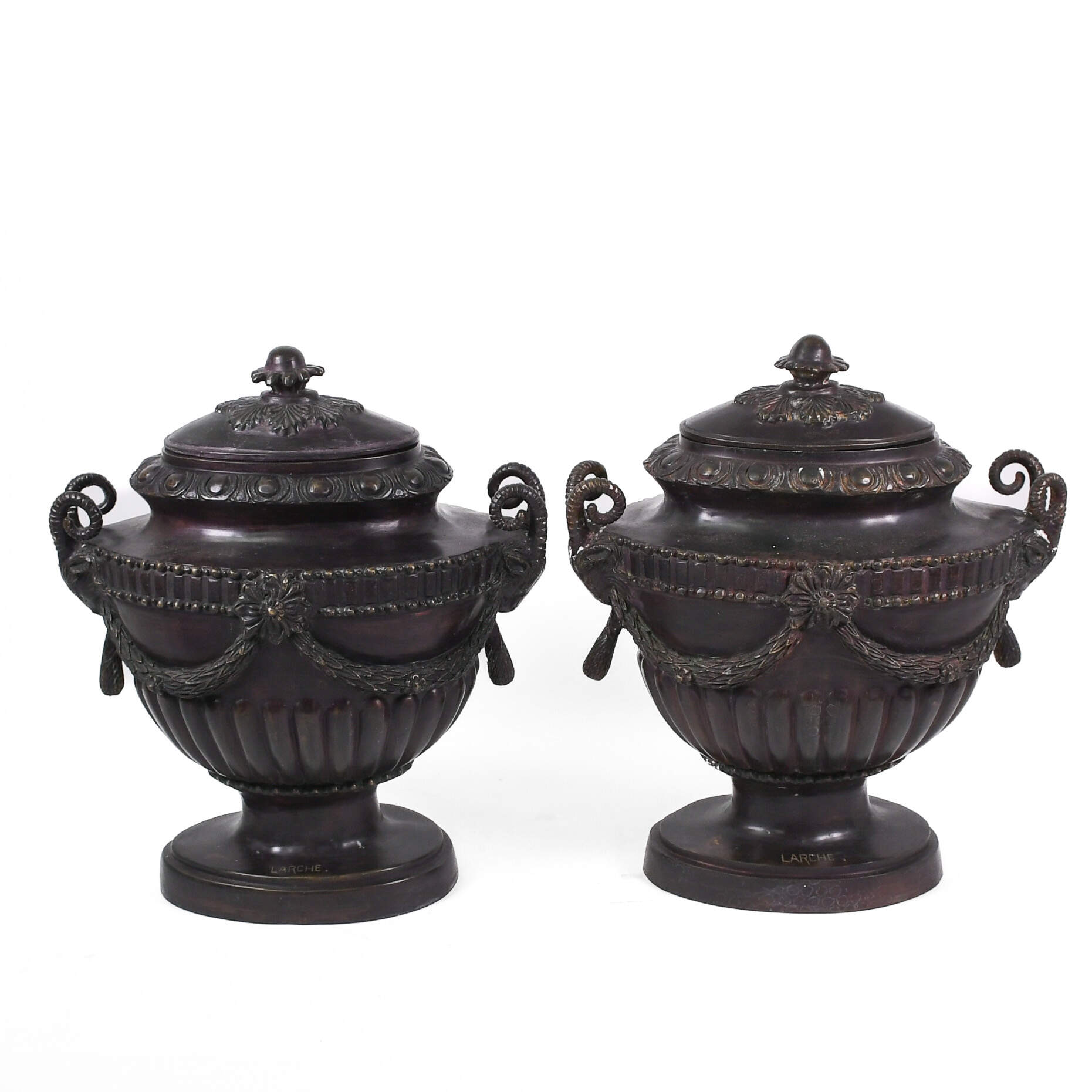 Pair of Bronze Maitland Smith Ram's Head Urns-1