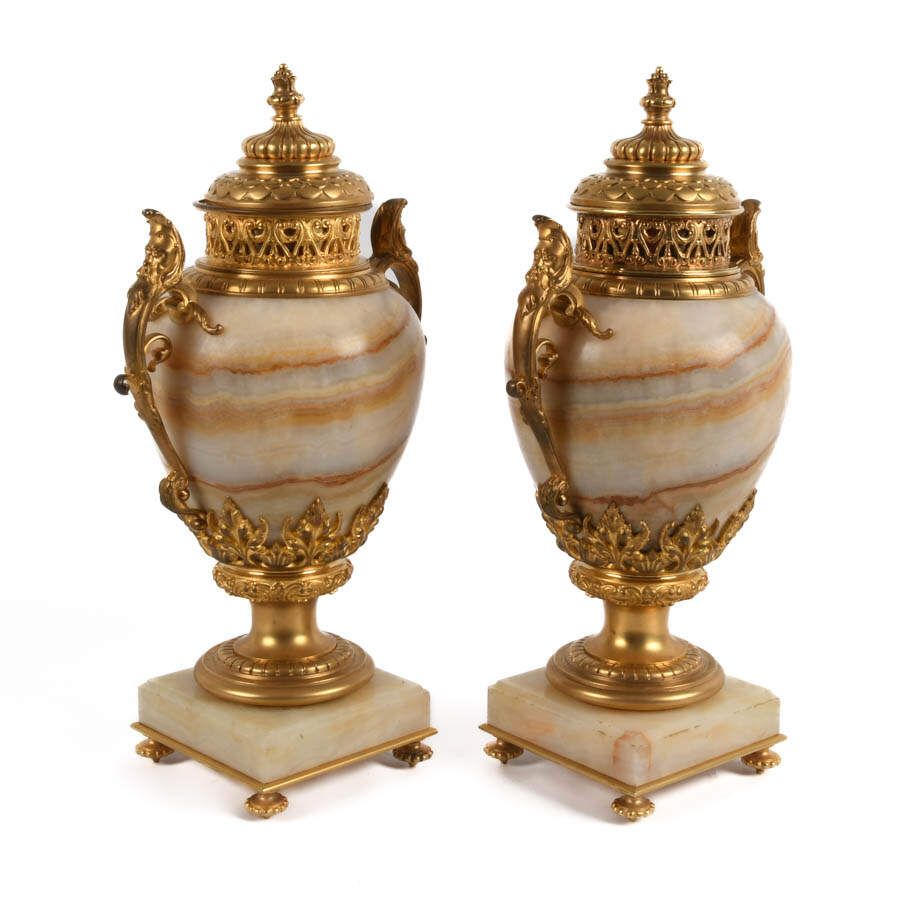Antique Pair of French Ormolu Bronze and Onyx Cassolettes-5