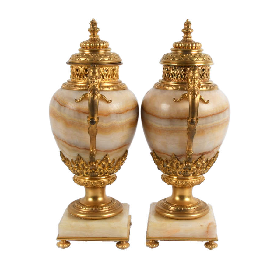 Antique Pair of French Ormolu Bronze and Onyx Cassolettes-4