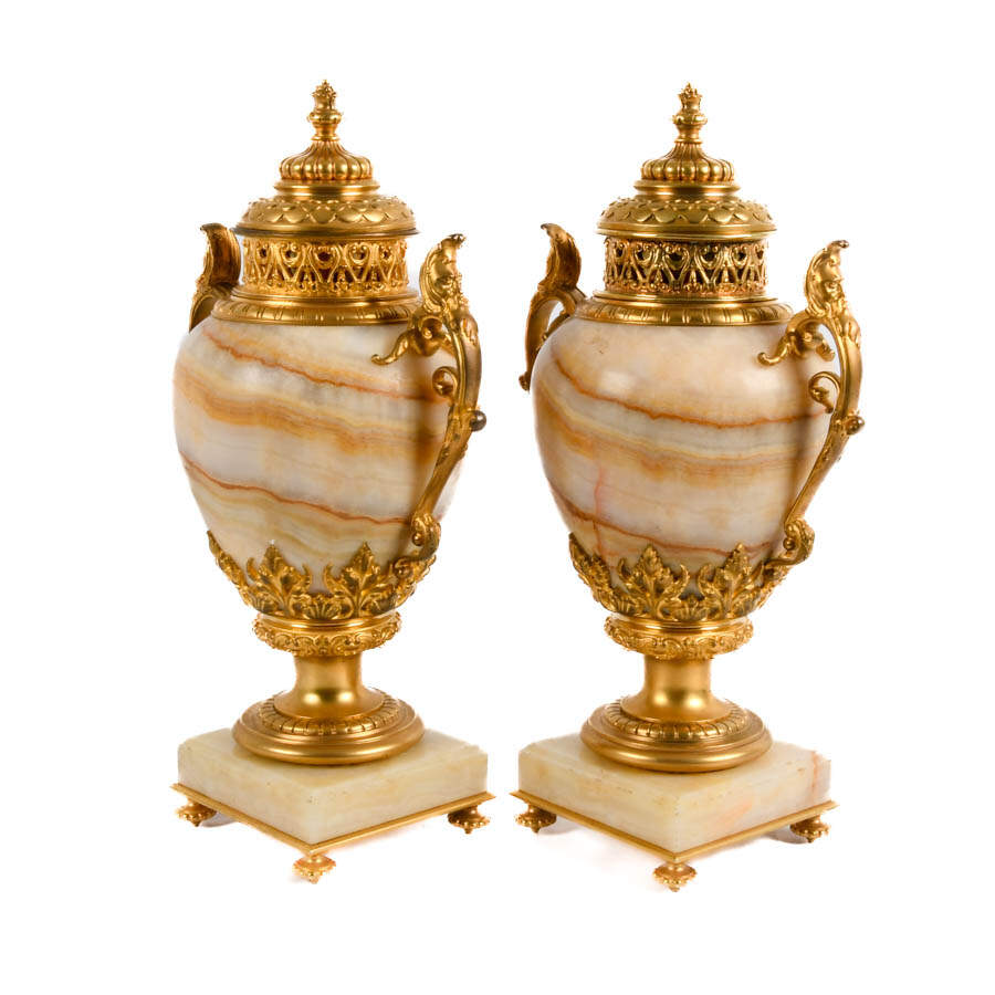 Antique Pair of French Ormolu Bronze and Onyx Cassolettes-3