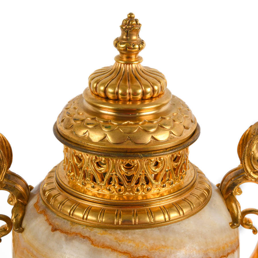 Antique Pair of French Ormolu Bronze and Onyx Cassolettes-2