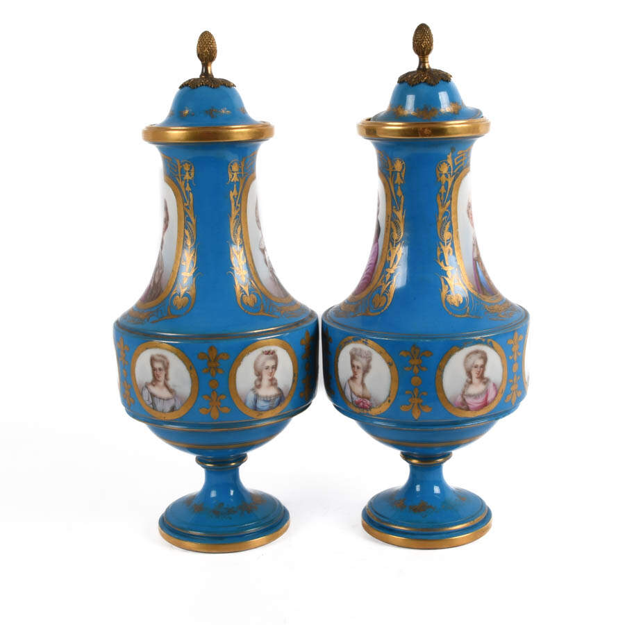 Pair of French Sèvres Lidded Blue and Gilt Portrait Vases-2