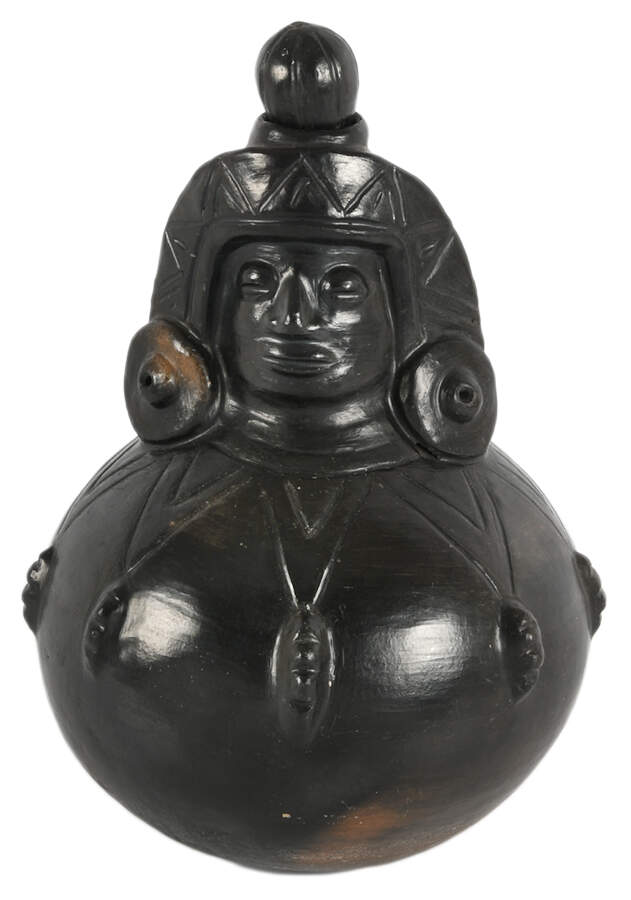 Antique Black Ceramic Figural Mayan Water Vessel-1