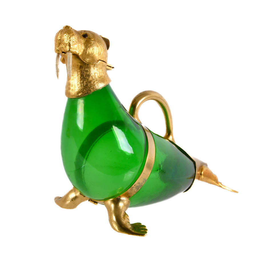 Gilt and Green Glass Novelty Walrus Claret Wine Decanter-2