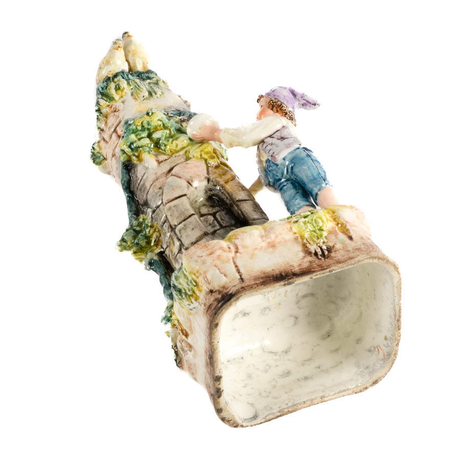 Italian Majolica Figural Boy, Flora, and Fauna Castle Spill Vase-8