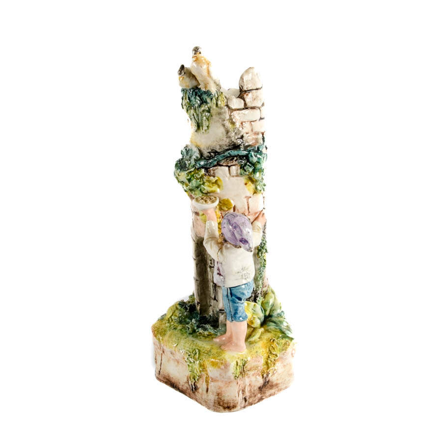 Italian Majolica Figural Boy, Flora, and Fauna Castle Spill Vase-4