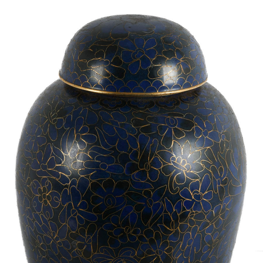 Blue and Black Lidded Floral Cloisonné Urn-2