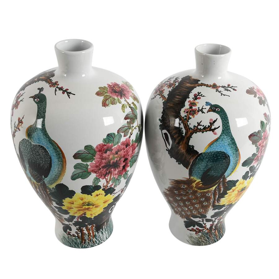 Pair of Chinese Floral and Peacock Vases-3