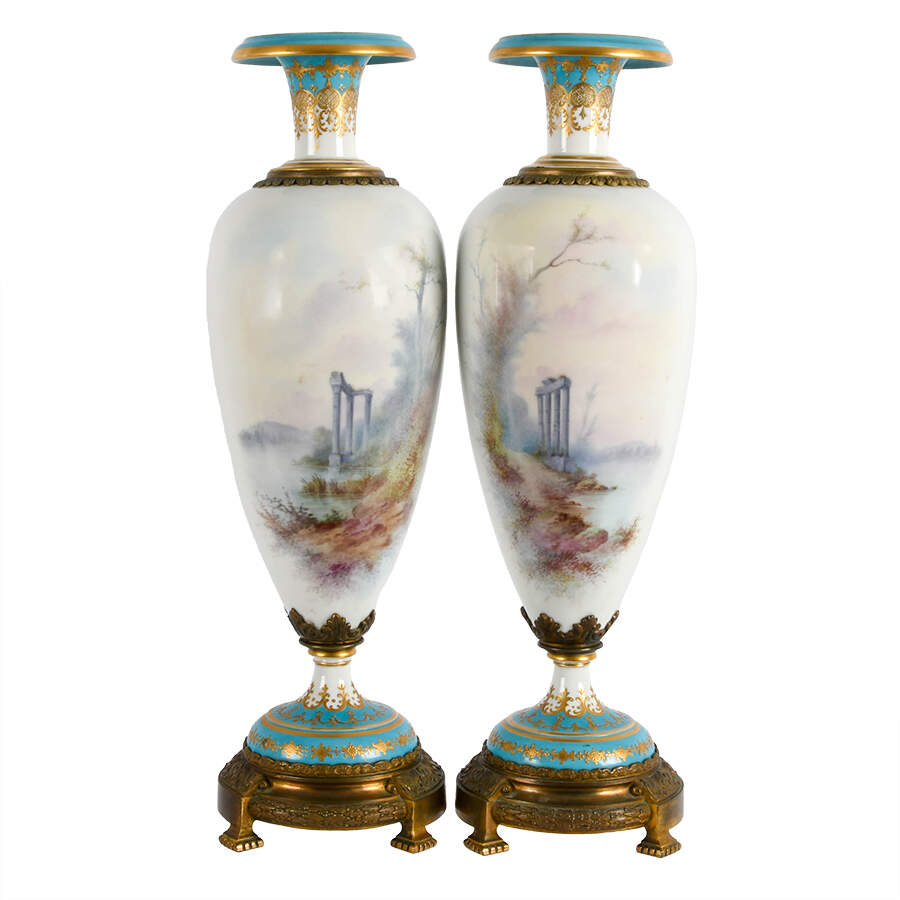 Antique Pair of French Sèvres-Style Ormolu Mounted Vases-3