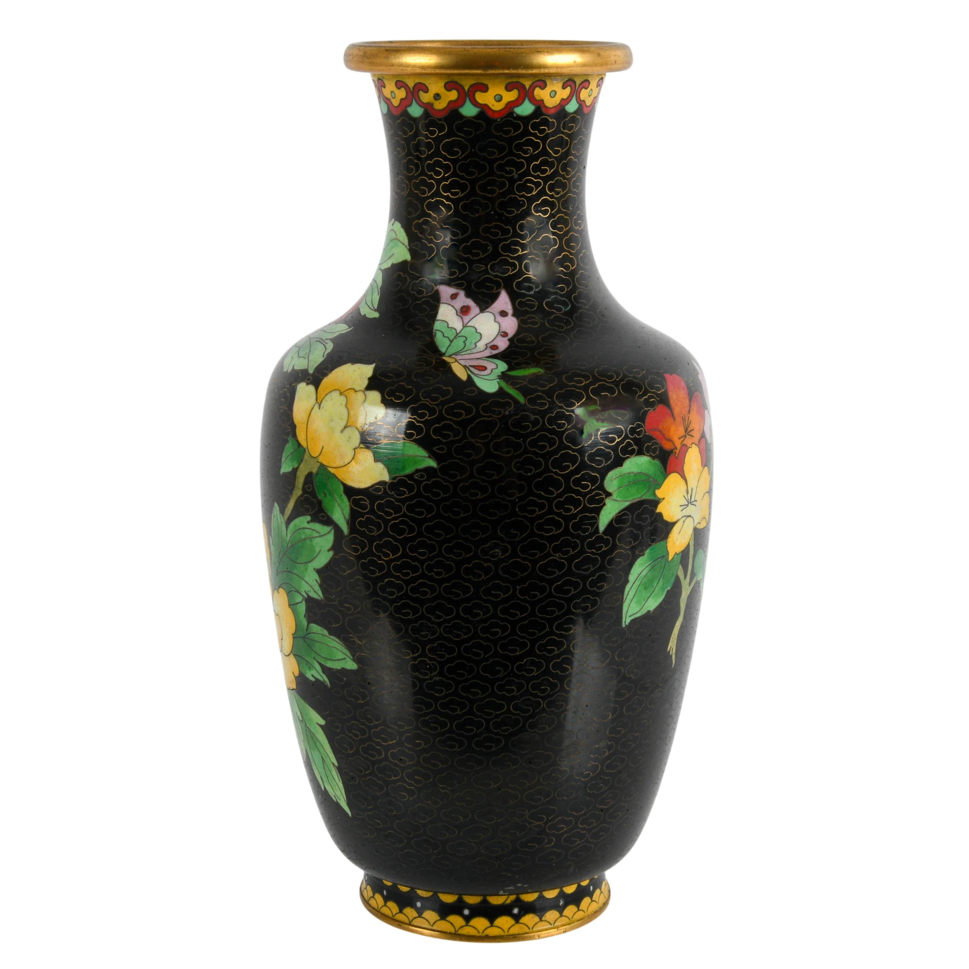 Chinese Black Cloisonné Enamel Floral Vase-4