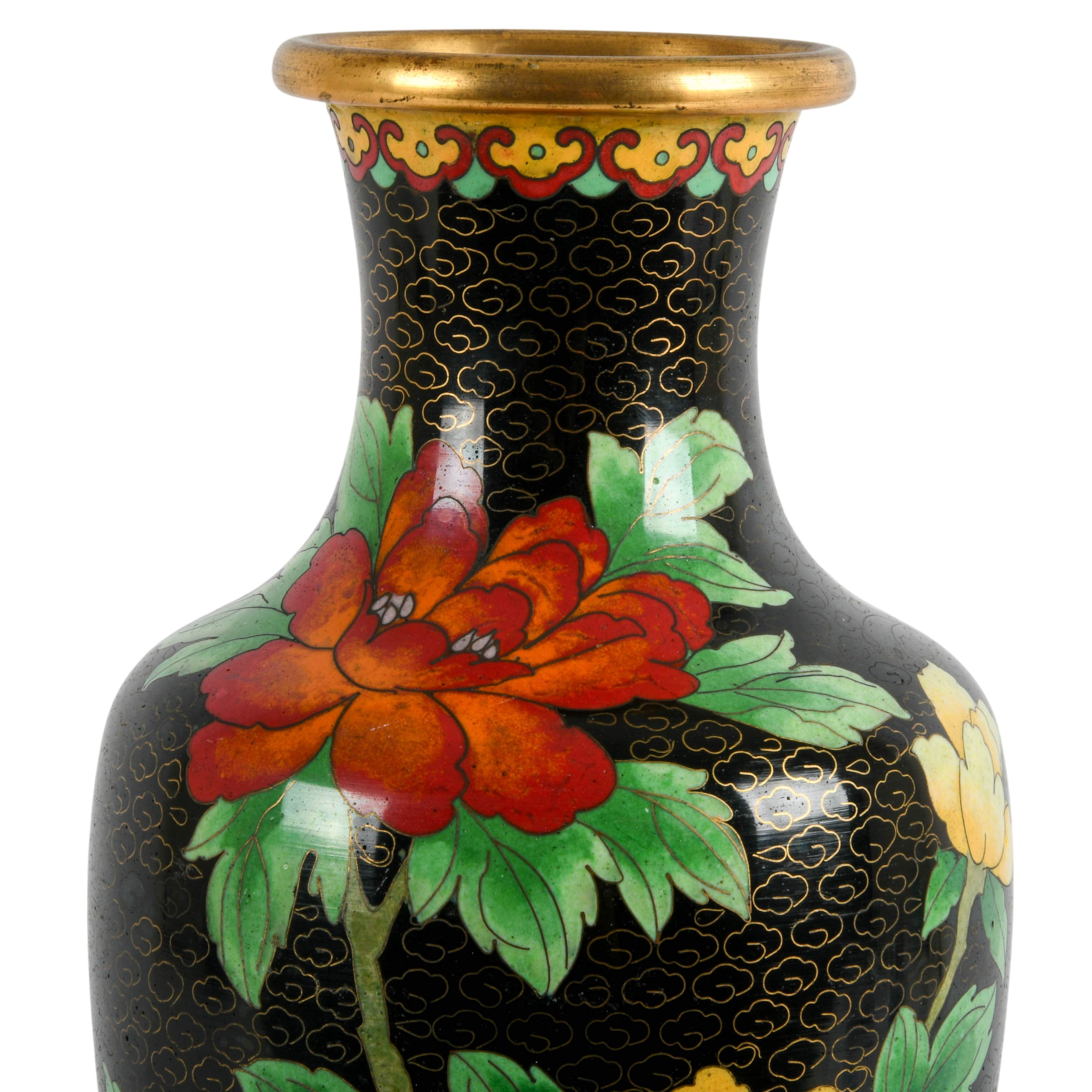 Chinese Black Cloisonné Enamel Floral Vase-2