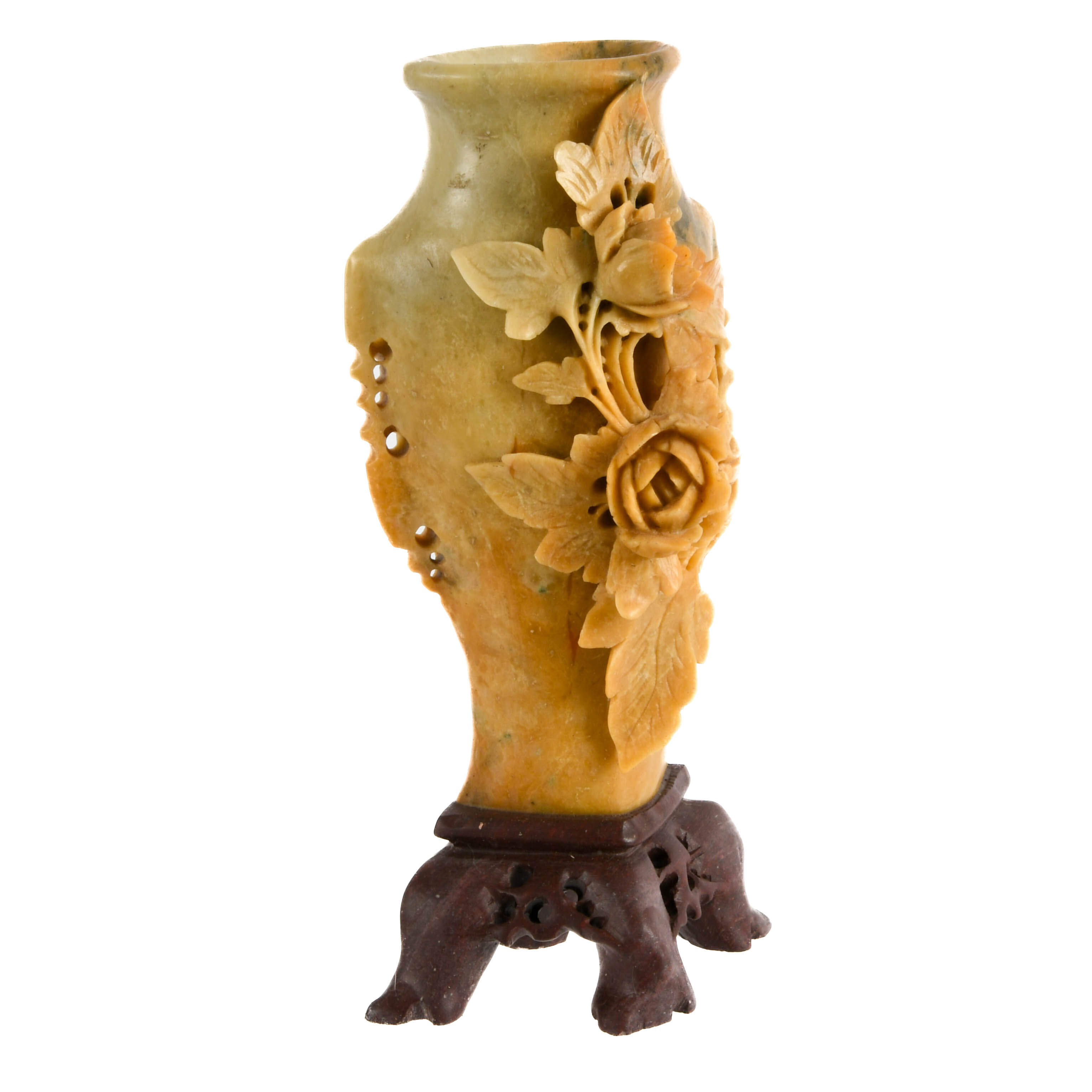 Chinese Carved Soapstone Floral Vase on Stand-6