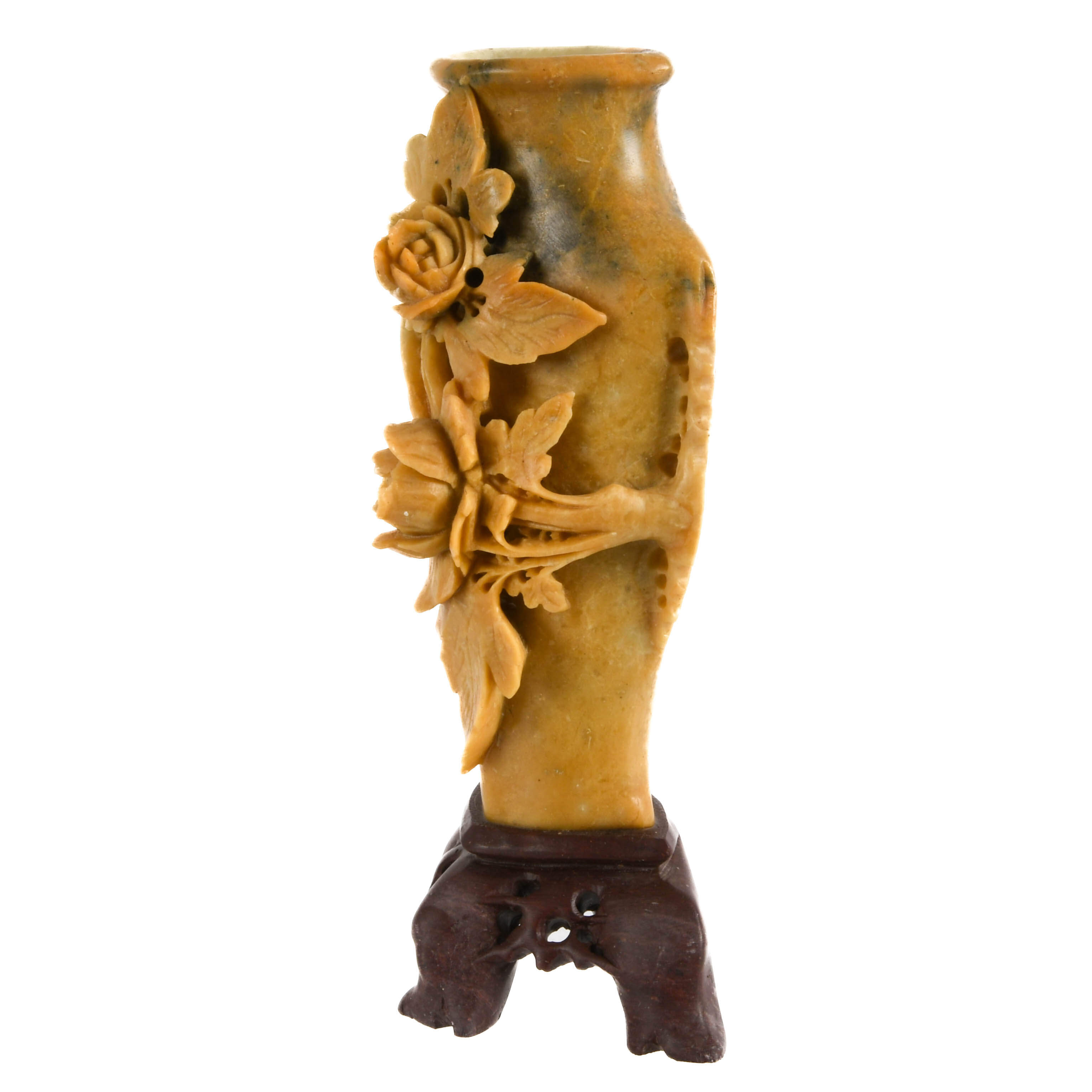 Chinese Carved Soapstone Floral Vase on Stand-4