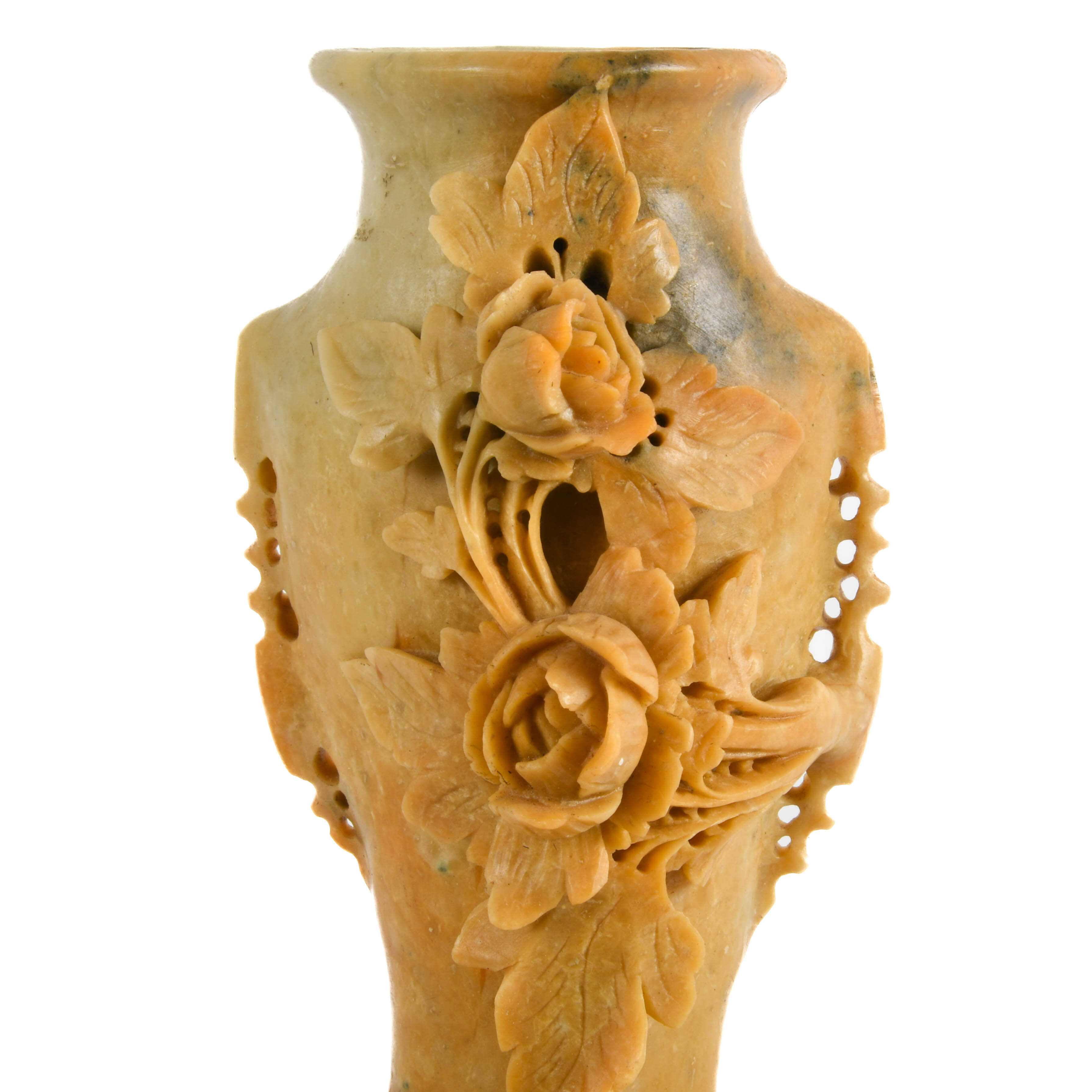 Chinese Carved Soapstone Floral Vase on Stand-2