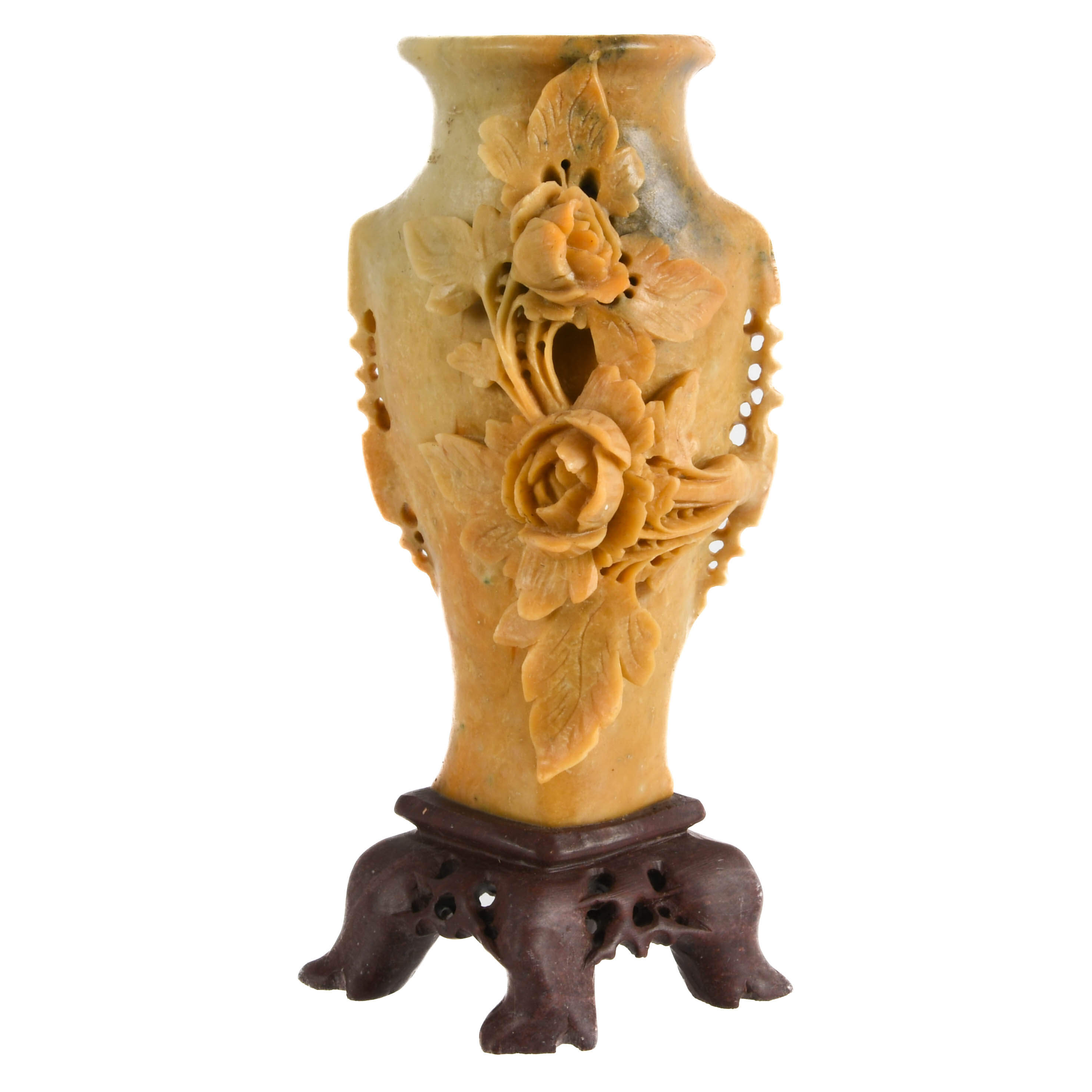 Chinese Carved Soapstone Floral Vase on Stand-1