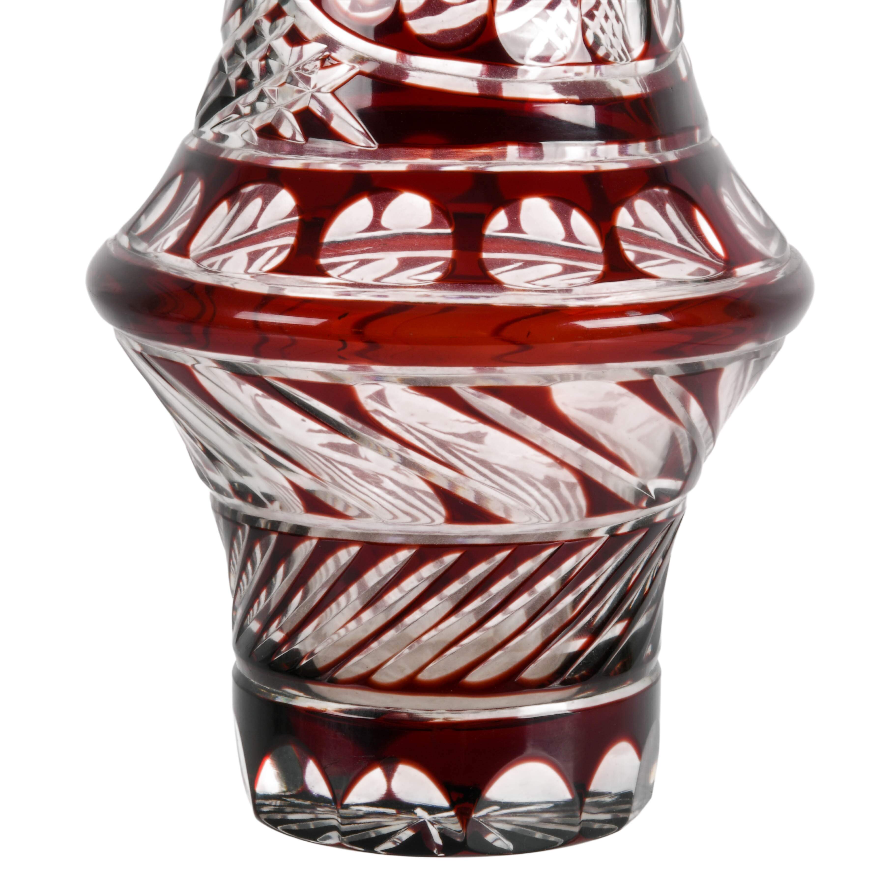 Bohemian Cut to Clear Cranberry Glass Vase-4