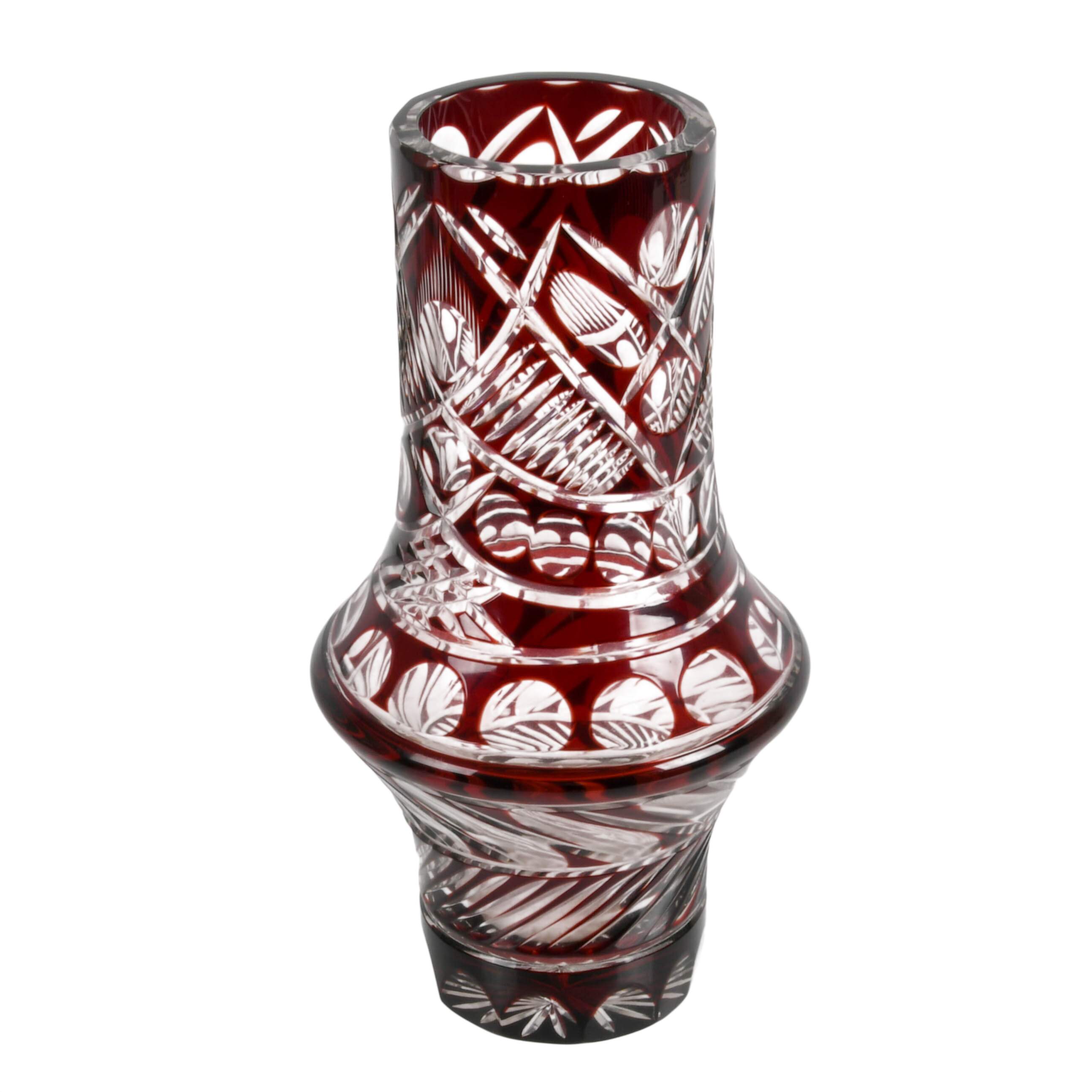 Bohemian Cut to Clear Cranberry Glass Vase-3