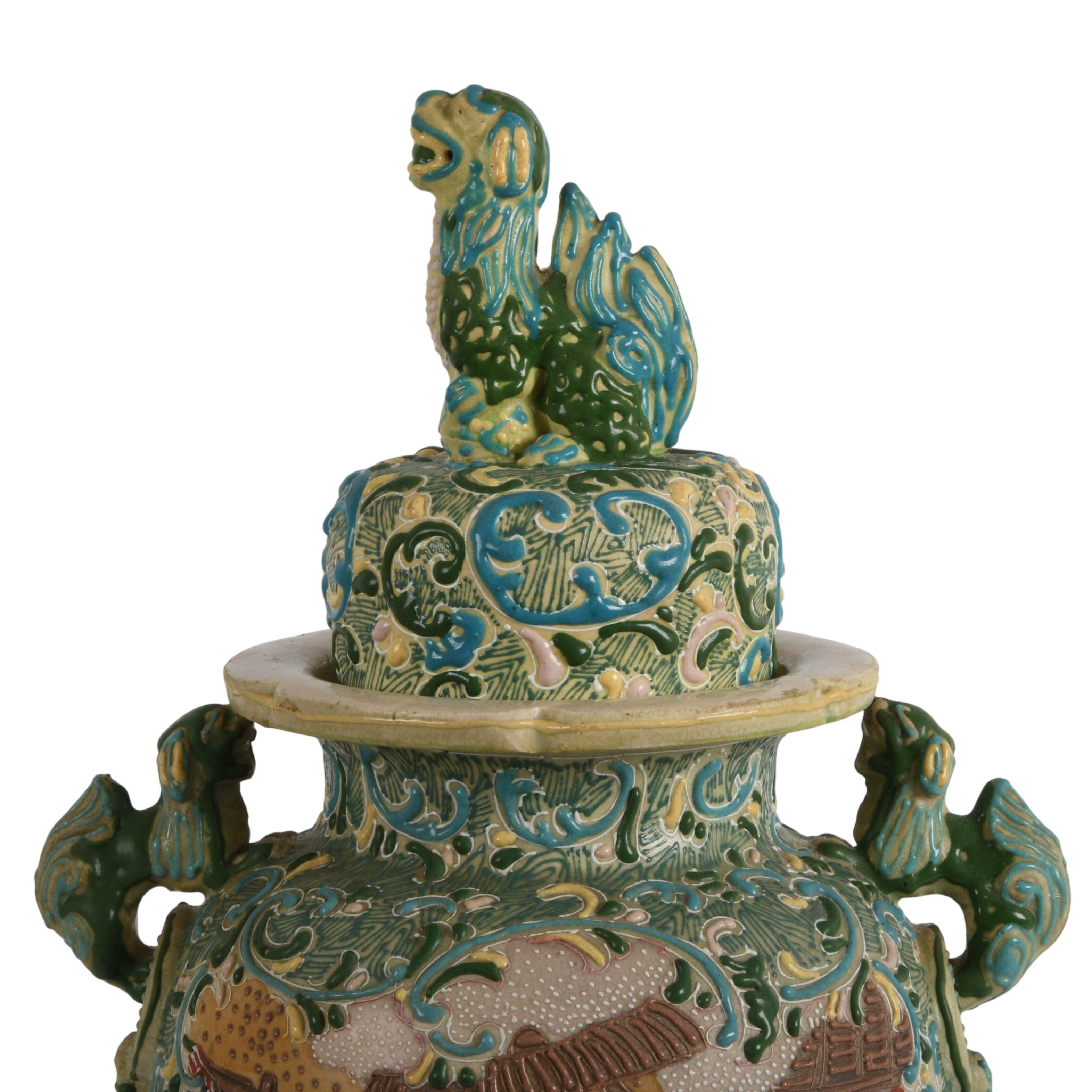 Antique Japanese Carved and Enameled Covered Urn-2