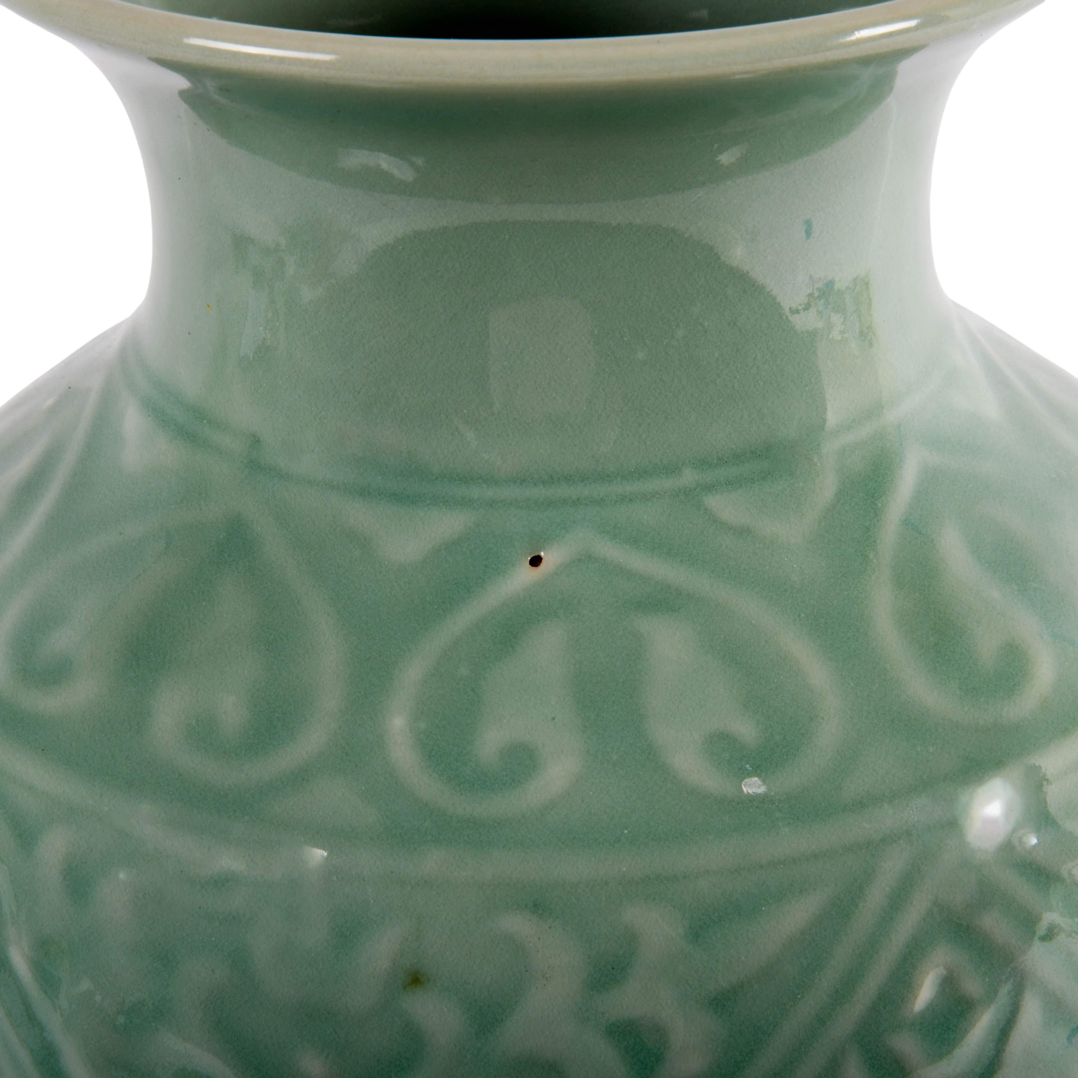 Chinese Celadon Vase with Carved Pattern-4