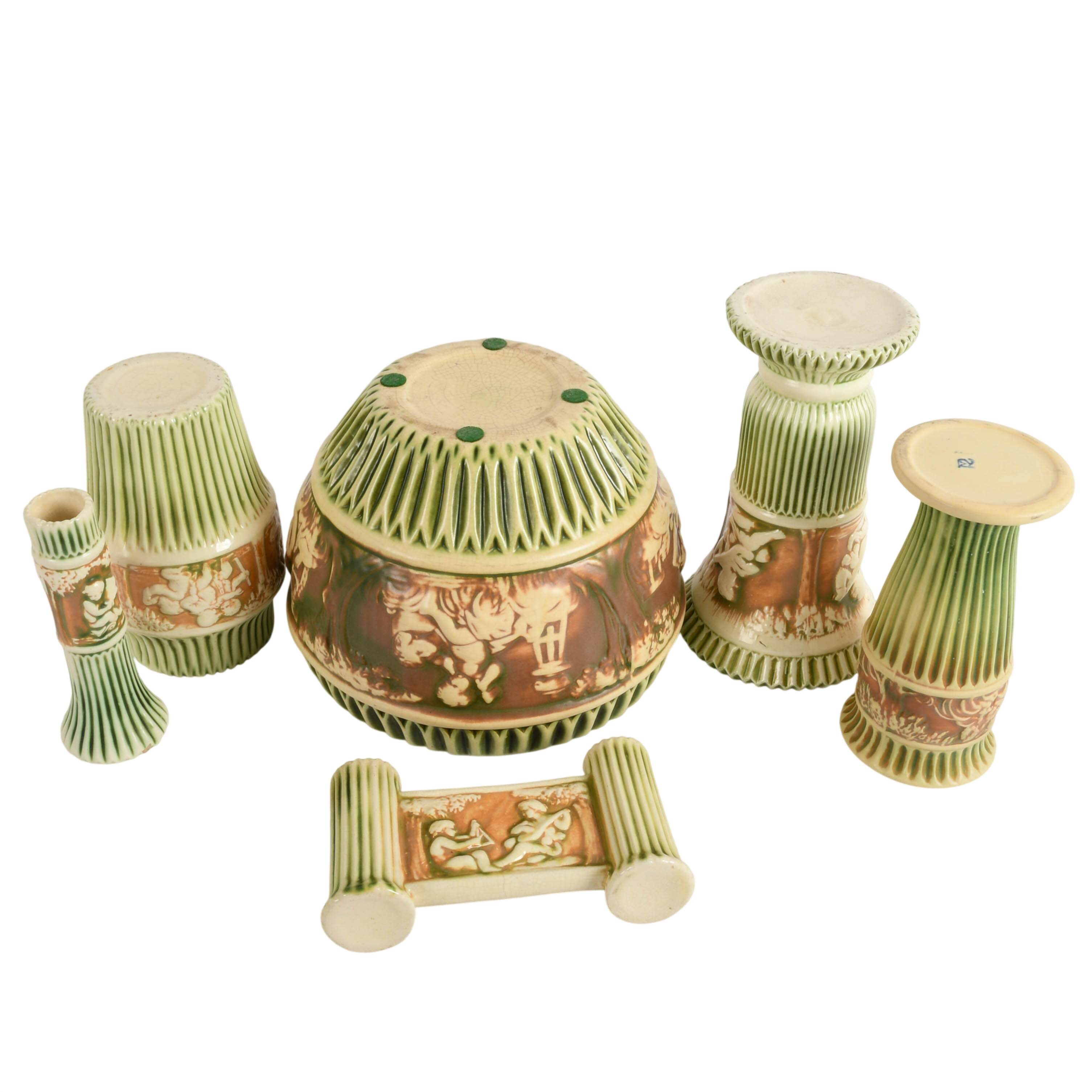 Antique Six-Piece Roseville Pottery Donatello Green and Ivory Vases-8