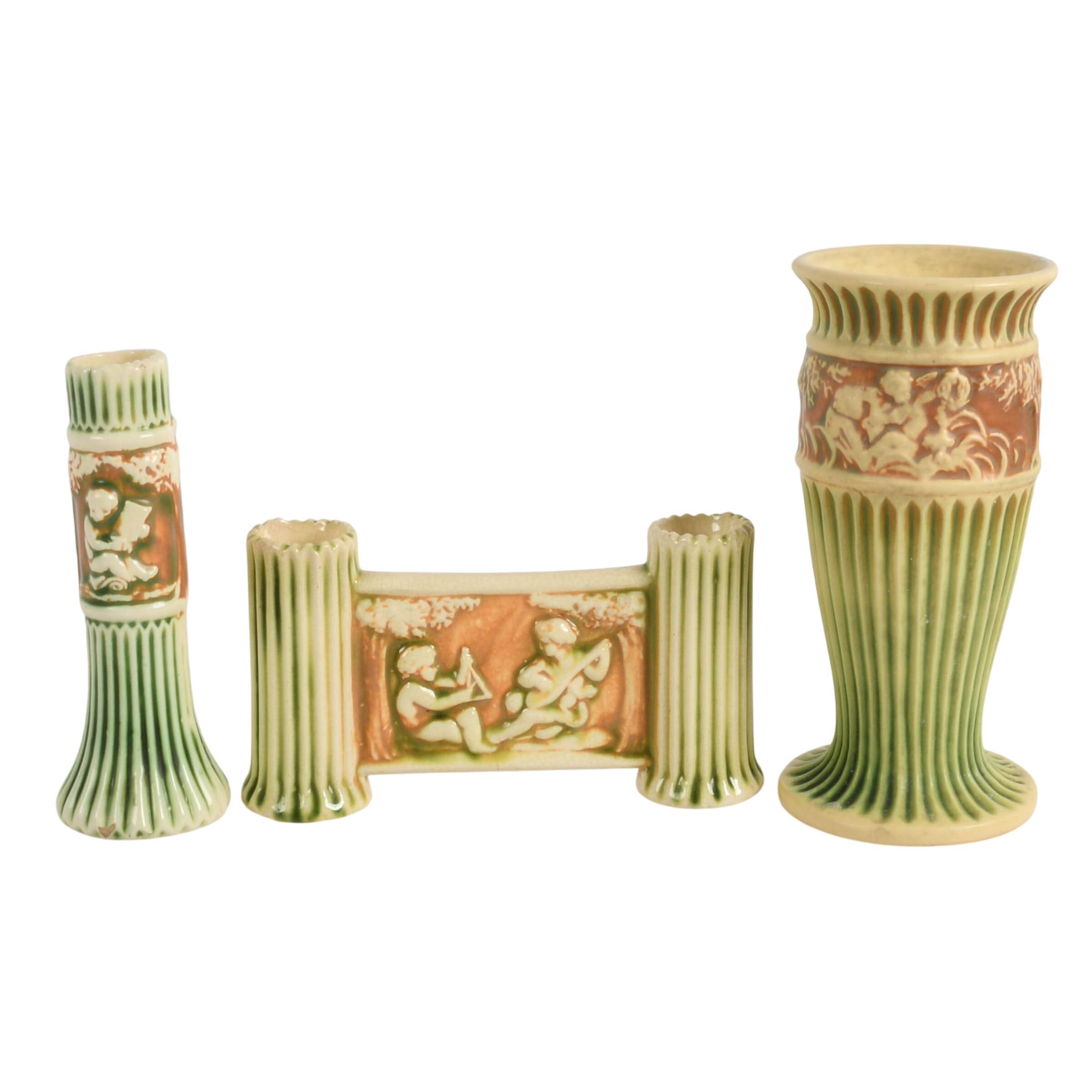 Antique Six-Piece Roseville Pottery Donatello Green and Ivory Vases-6