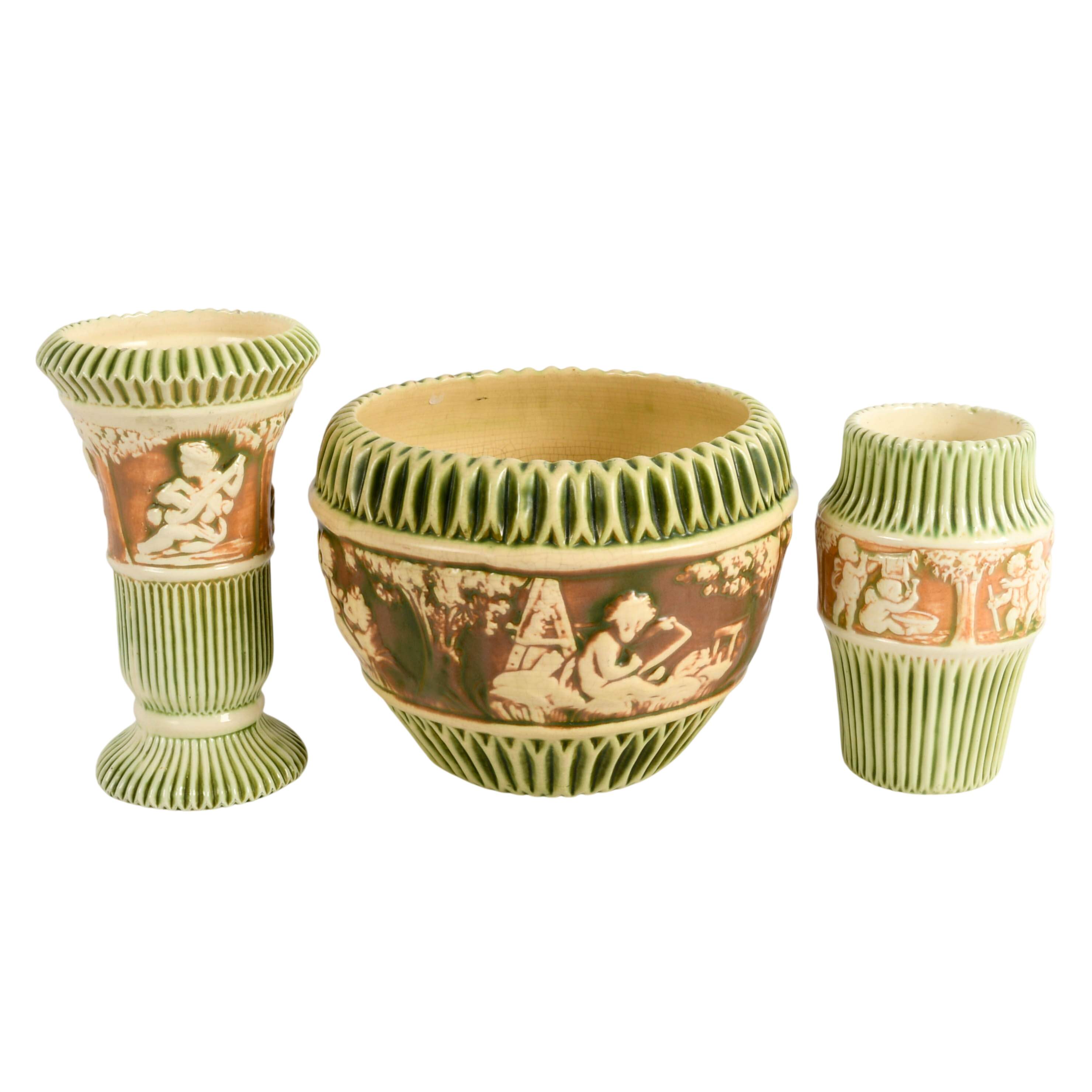 Antique Six-Piece Roseville Pottery Donatello Green and Ivory Vases-3