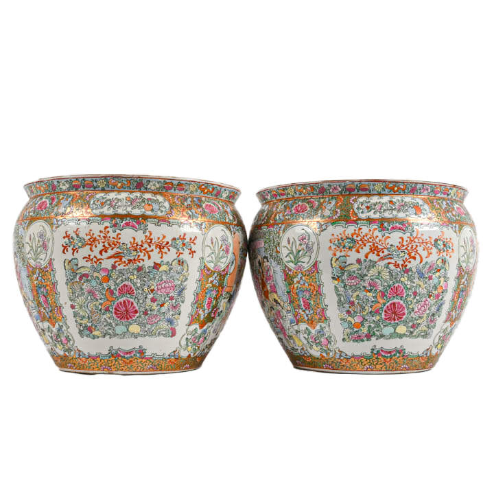 Antique Pair of Chinese Famille Rose Porcelain Fishbowl Planters-2