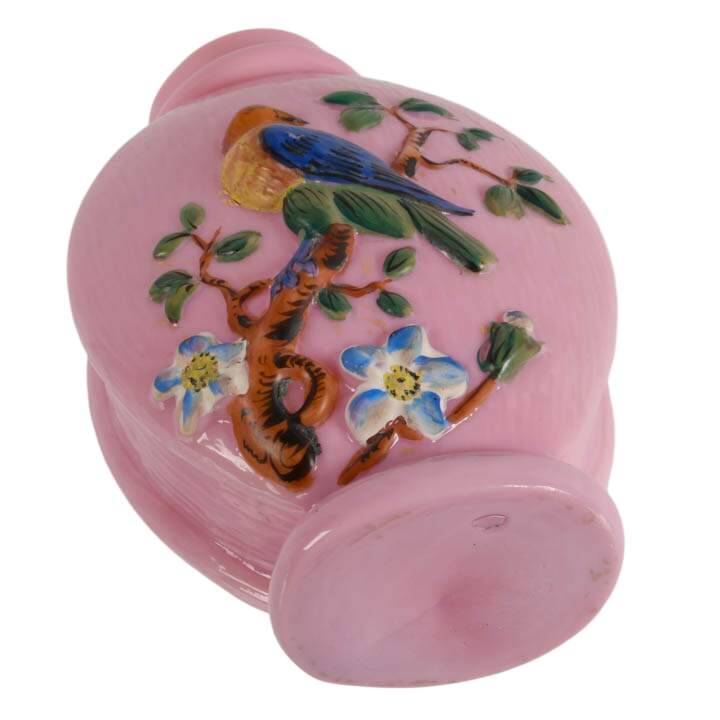 Hand-Painted Pink Opaline Milk Glass Vase with Raised Bird Design-9