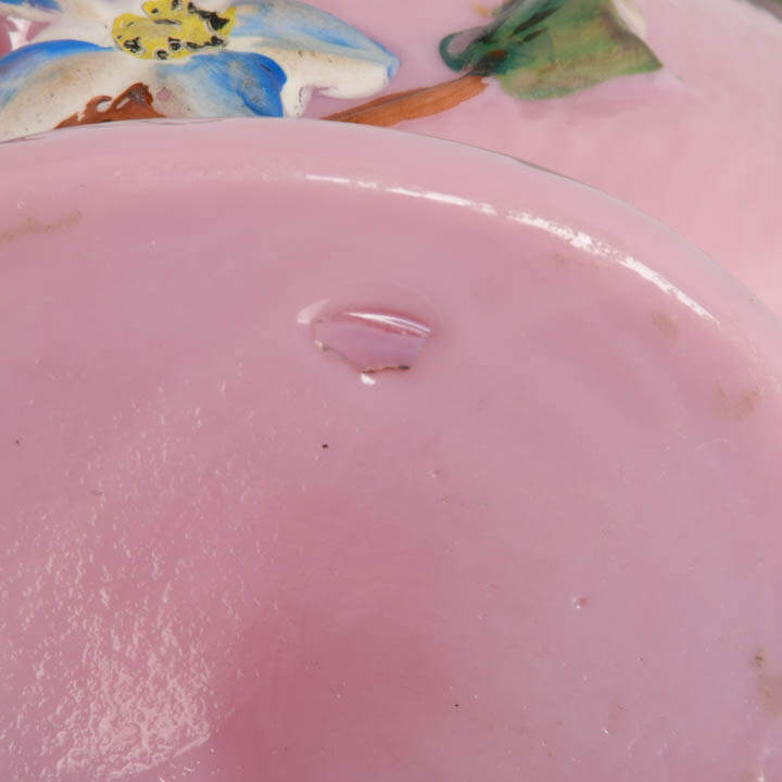 Hand-Painted Pink Opaline Milk Glass Vase with Raised Bird Design-7