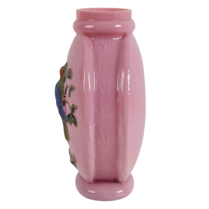 Hand-Painted Pink Opaline Milk Glass Vase with Raised Bird Design-4