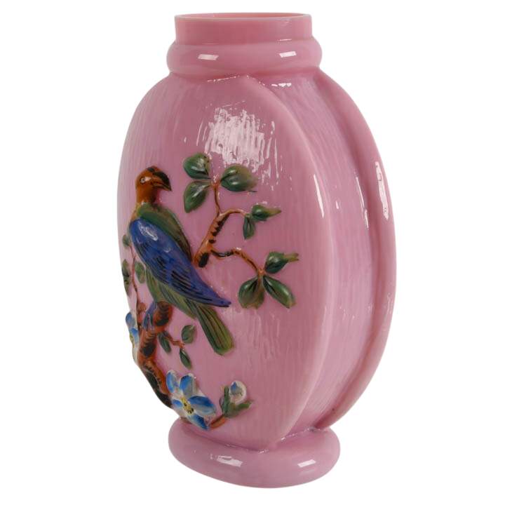 Hand-Painted Pink Opaline Milk Glass Vase with Raised Bird Design-3