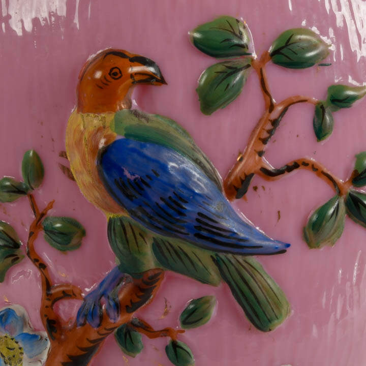 Hand-Painted Pink Opaline Milk Glass Vase with Raised Bird Design-2