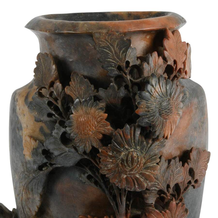 Chinese Carved Floral Soapstone Vase with Flush Back-2
