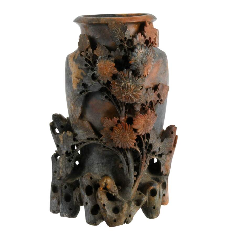 Chinese Carved Floral Soapstone Vase with Flush Back-1