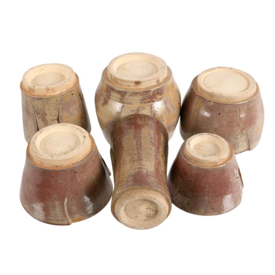 Set of Six Signed Dusty Rose Studio Pottery Vases and Bowls-6