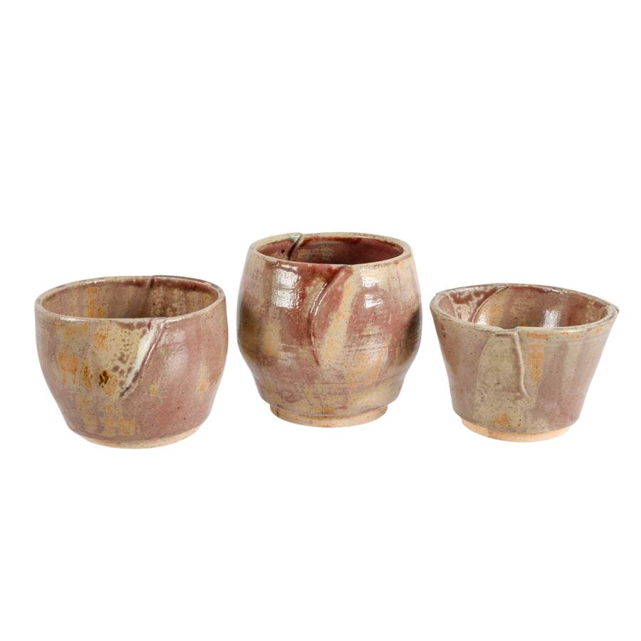 Set of Six Signed Dusty Rose Studio Pottery Vases and Bowls-2