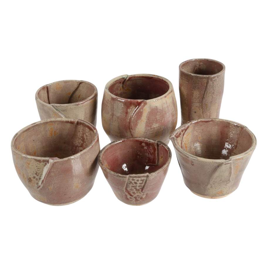 Set of Six Signed Dusty Rose Studio Pottery Vases and Bowls-1