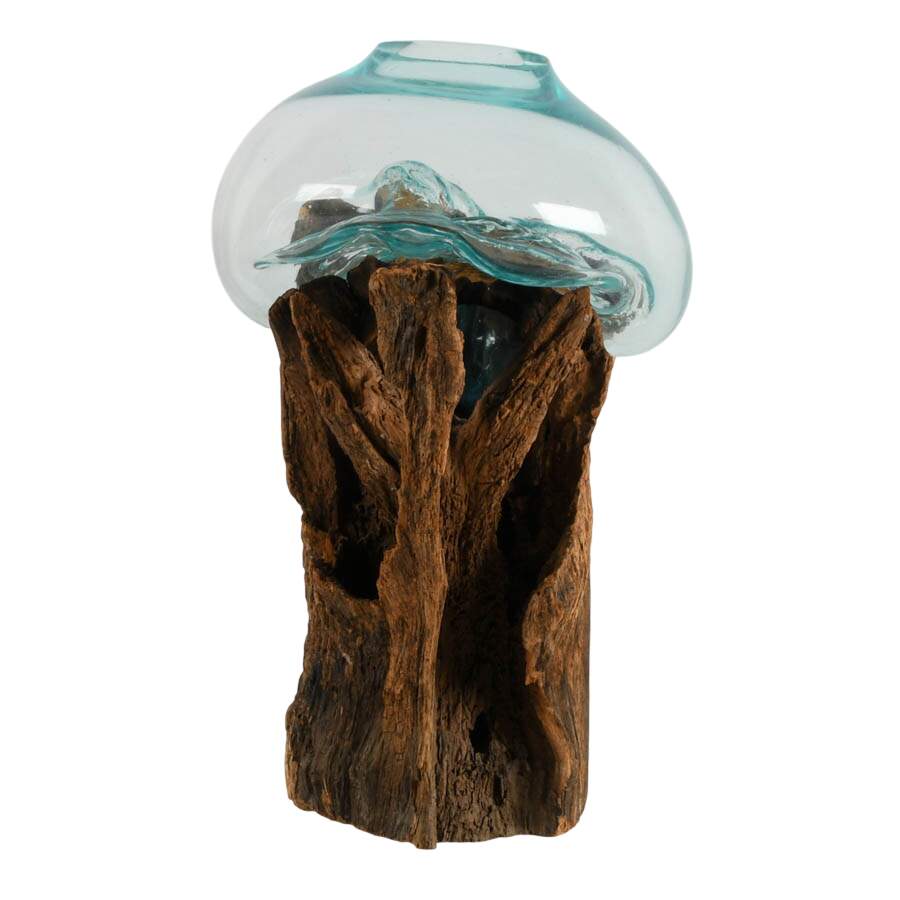 Large Sculptural Molten Glass Vase on Wood Root Base-3