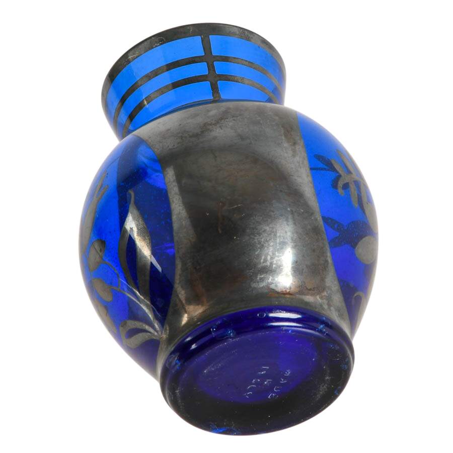 Italian Silver Overlay on a Floral Cobalt Glass Vase-6