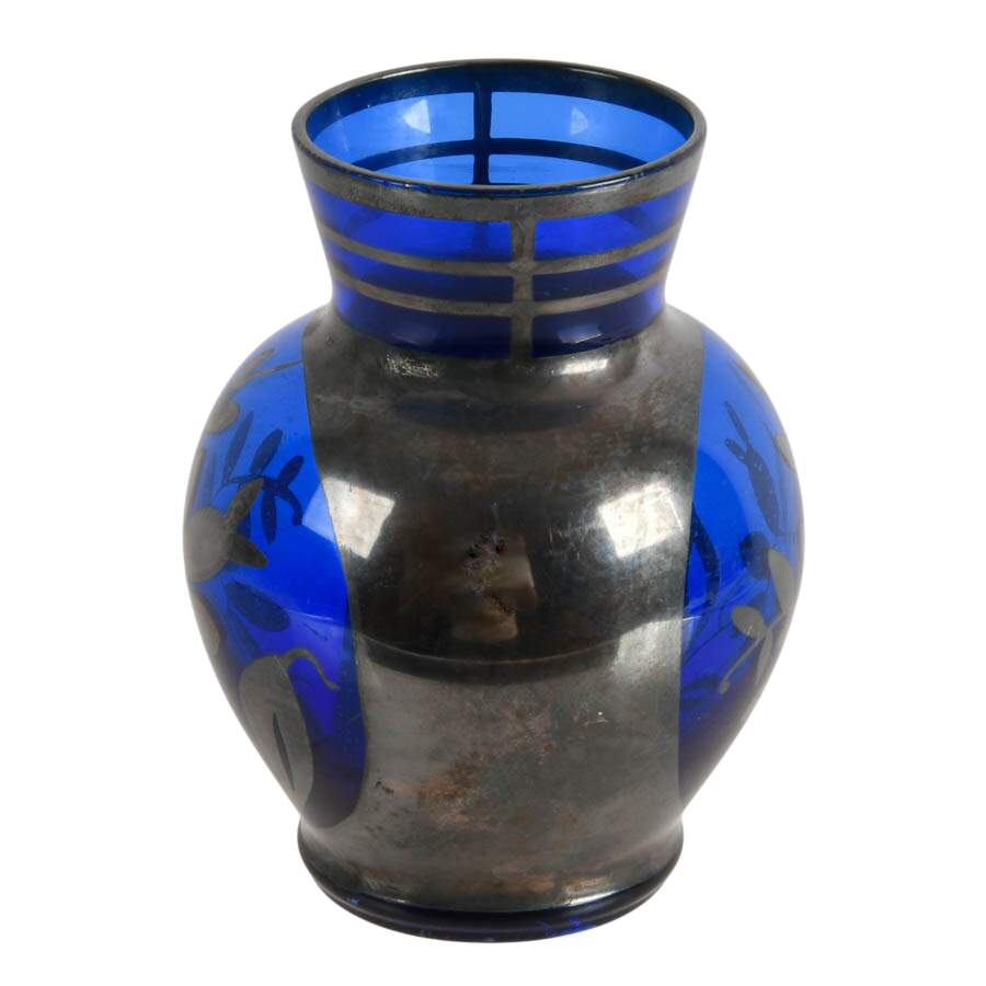 Italian Silver Overlay on a Floral Cobalt Glass Vase-4