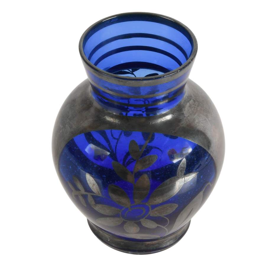Italian Silver Overlay on a Floral Cobalt Glass Vase-3