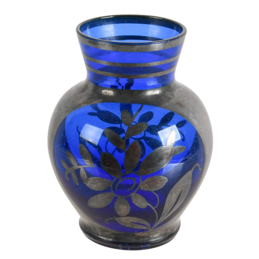 Italian Silver Overlay on a Floral Cobalt Glass Vase-2