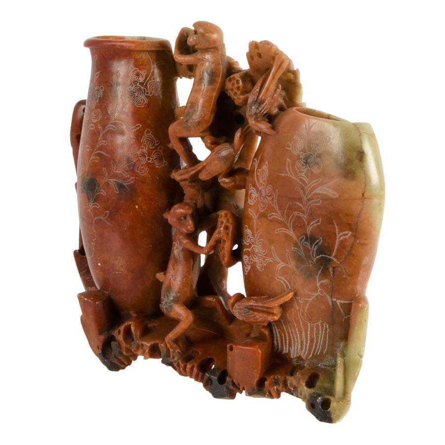 Chinese Carved Soapstone Monkey Vases-6