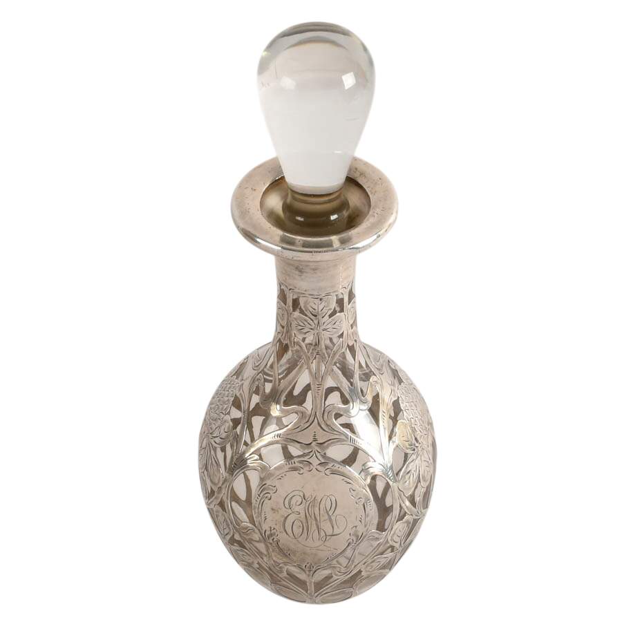 Art Nouveau Sterling Overlay Botanical Decanter Attributed to Alvin-6