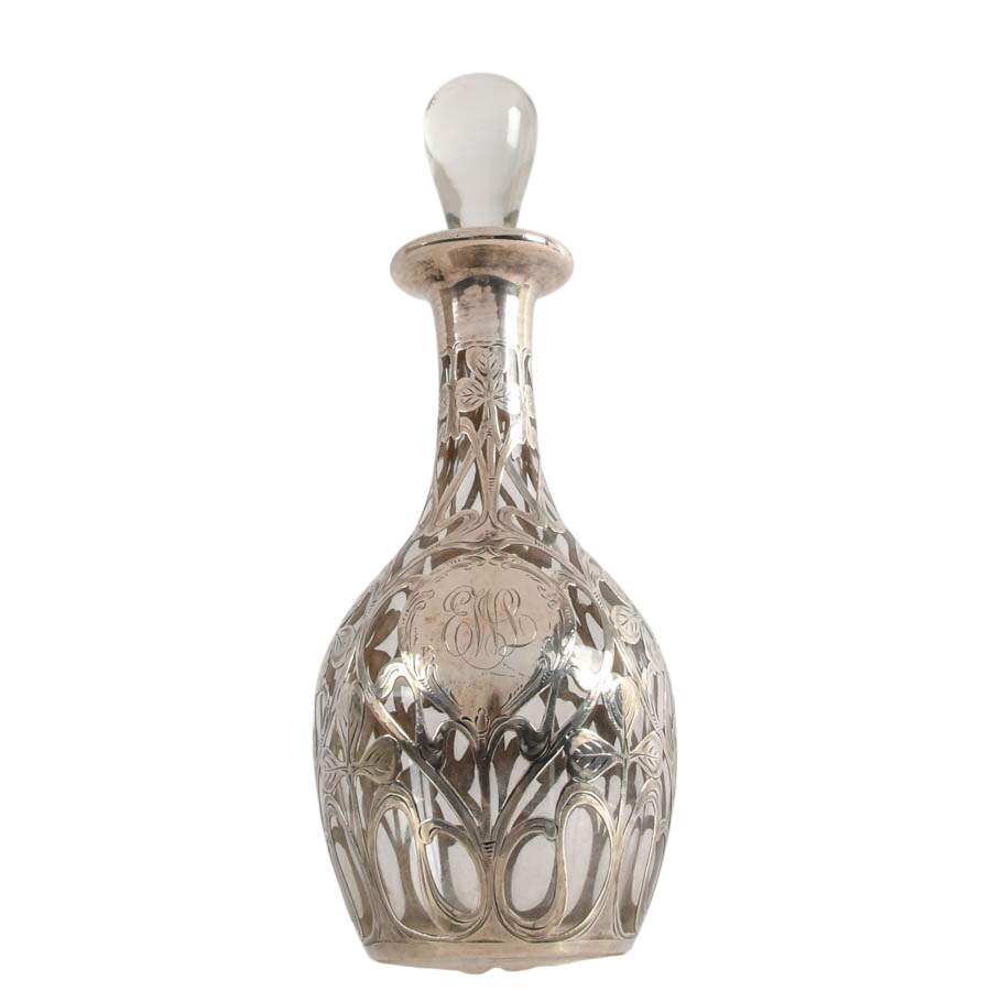 Art Nouveau Sterling Overlay Botanical Decanter Attributed to Alvin-1