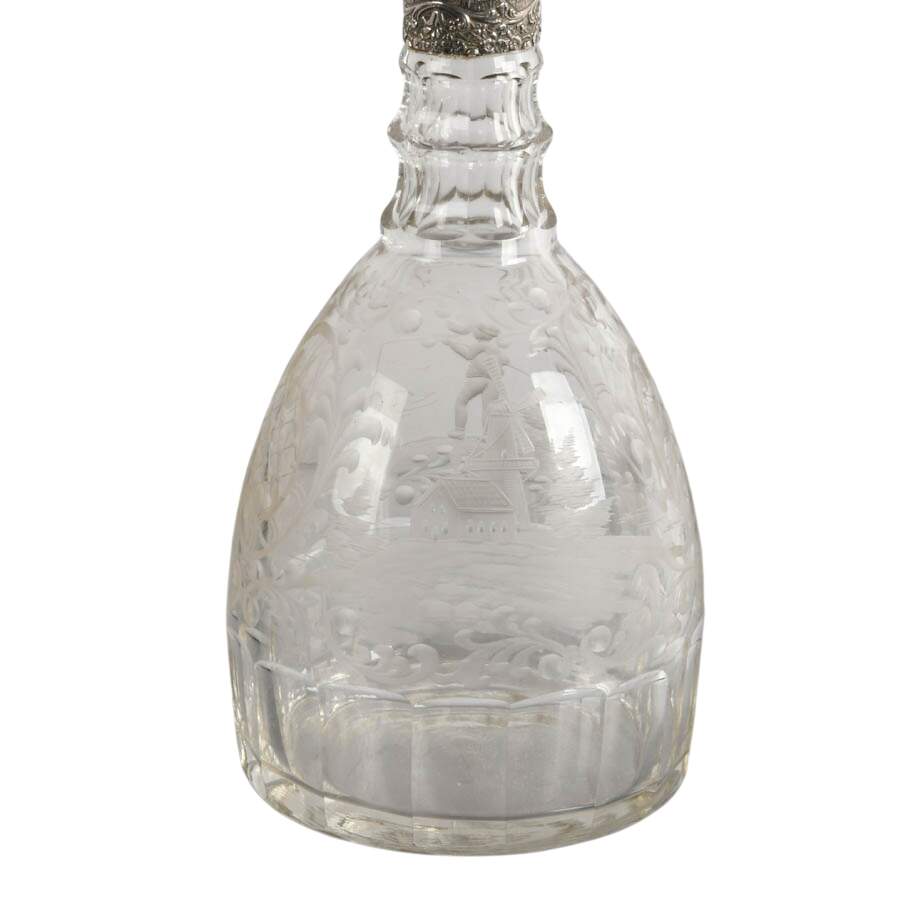 Antique German Etched Glass Decanter with Sterling Collar and Stopper-4