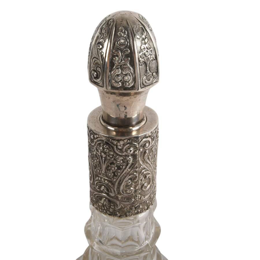 Antique German Etched Glass Decanter with Sterling Collar and Stopper-2
