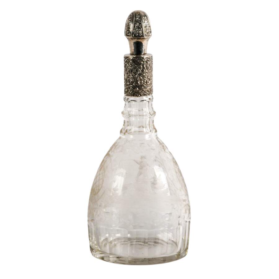 Antique German Etched Glass Decanter with Sterling Collar and Stopper-1
