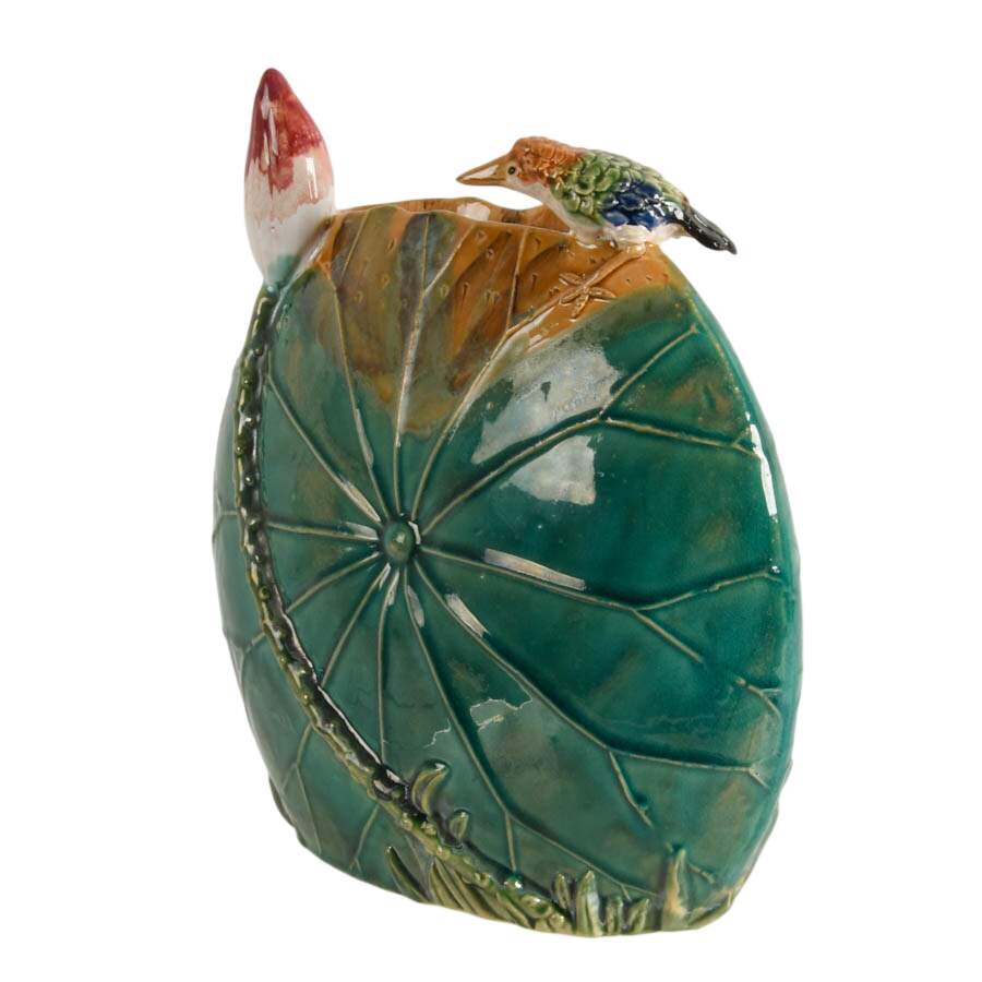 Majolica Kingfisher and Lily Pad Ceramic Vase-5
