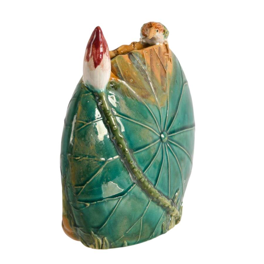 Majolica Kingfisher and Lily Pad Ceramic Vase-4